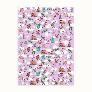 May include: A light purple background is covered with cartoon characters from the Toy Story movie. The characters include Woody, Buzz Lightyear, Mr. Potato Head, Rex, Hamm, and the Little Green Men, along with white cloud shapes.