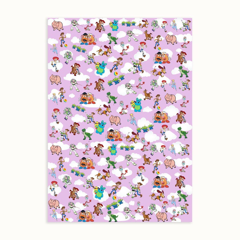 May include: A light purple background is covered with cartoon characters from the Toy Story movie. The characters include Woody, Buzz Lightyear, Mr. Potato Head, Rex, Hamm, and the Little Green Men, along with white cloud shapes.