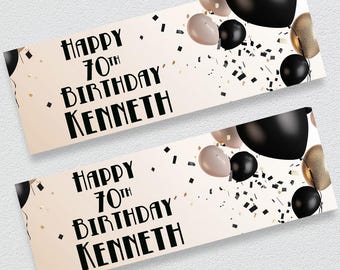 Personalised Black and Gold Birthday Banner | Elegant Balloon Design | Custom Name & Age Party Decoration