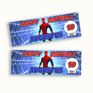 May include: Two rectangular banners with a blue web background. Each banner features the text "HAPPY BIRTHDAY AUGUSTUS" in red and blue, with a Spider-Man graphic. A white circle displays the number "10" and the word "TODAY!"