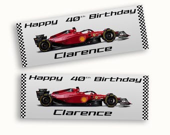 Banner personalizado de celebración de cumpleaños de Fórmula 1 con coche rojo D2, nombre y edad personalizados, decoración para fiesta de aficionados a los deportes, recuerdo de hito.