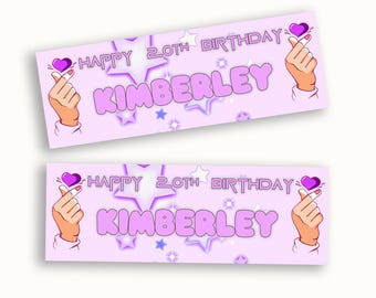 Personalised K-Pop Inspired Finger Heart Birthday Banner | Purple Korean Style Party Decoration | Custom Name & Age | Cute Saranghae Theme
