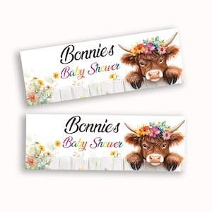 Personalised Highland Cow Baby Shower Banner | Rustic Farm Animal Theme | Boho Western Baby Shower Décor | Baby Girl or Boy Party Favour UK