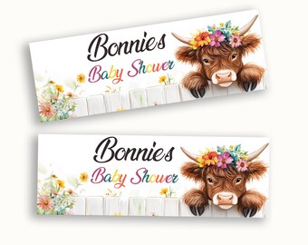 Personalised Highland Cow Baby Shower Banner | Rustic Farm Animal Theme | Boho Western Baby Shower Décor | Baby Girl or Boy Party Favour UK