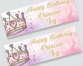 Personalised Princess Crown Birthday Banner | Pink Party Décor for Girls | Custom Name & Age Sign