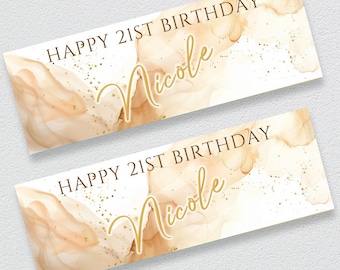 Personalised Neutral Birthday Banner | Beige Watercolour Party Sign | Custom Name Milestone Décor | Elegant Boho Banner