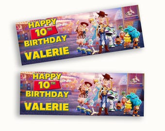 Pancarta personalizada de Toy Story 4 para cumpleaños, decoración para fiesta con nombre personalizado, pancarta infantil con nombre para niñas y niños.