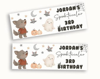 May include: Two rectangular banners featuring a cartoon werewolf in a red plaid shirt, a white ghost, two orange pumpkins, bats, stars, a crescent moon, and a spider web. The text reads: JORDAN'S Spook-tacular 3RD BIRTHDAY.