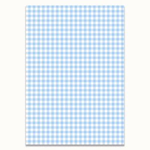 May include: A rectangular sheet with a light blue and white gingham pattern. The pattern consists of evenly spaced squares, creating a classic and clean design. The sheet is set against a white background.