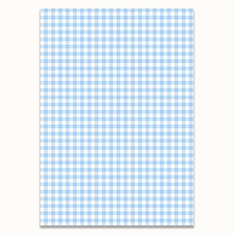 May include: A rectangular sheet with a light blue and white gingham pattern. The pattern consists of evenly spaced squares, creating a classic and clean design. The sheet is set against a white background.