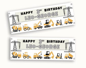 Personalised Construction Trucks D3 Birthday Banner | Custom Kids Party Décor | Digger and Cranes | DIY Building Theme