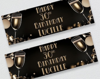Personalised Black and Gold Birthday Banner | Custom Name & Age | Champagne Party Decoration | Milestone Birthday