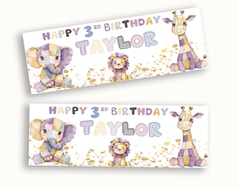 Personalised Patchwork Jungle Safari Animal Birthday Banner | Baby Zoo Theme Party Décor | Custom Safari Celebration Sign for Kids