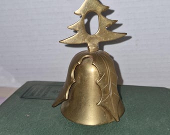 Bell Brass Christmas Tree and Holly Bell aprox 4x3 inches.