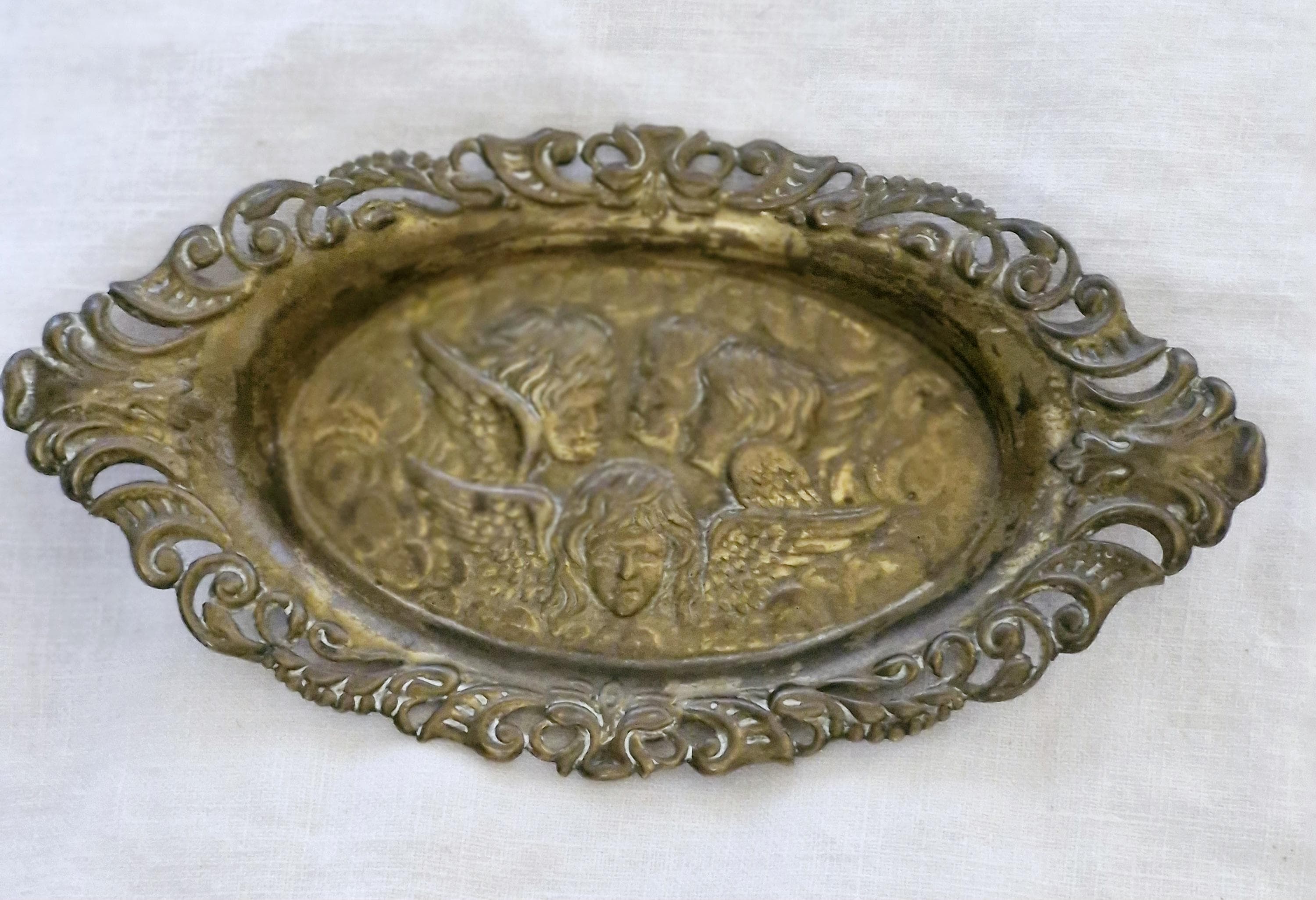 Adorable Brass Cherub Embossed Trinket Tray 3x6 inches