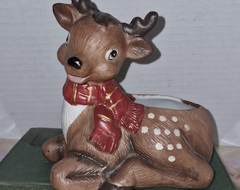 Vintage Bisque Reindeer Planter, Painted Deer with Scarf