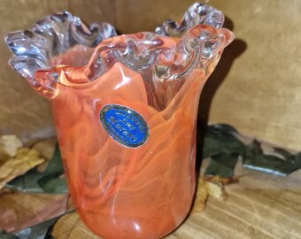 Murano Mid Century Vase or Votive. Red Orange.