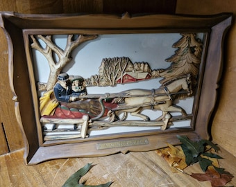 Syroco Raised 3D Wall Art Relief Framed Mid Century "A Winter Ride" - 14"X10"