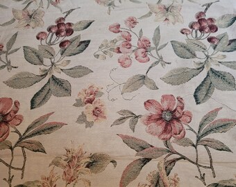 Vintage Floral Tapestry Fabric, Burgundy Berries, Taupe Background (56x54)