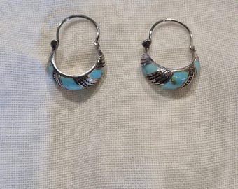 Earrings Sterling Silver Turquoise Hoop  - 1 inch navajo