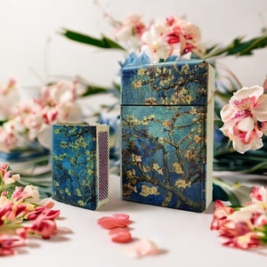 Scatola di sigarette in legno, fiori di mandorlo di Van Gogh, regalo per la mamma