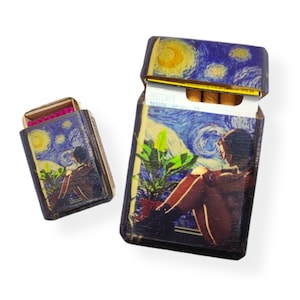 Étui à cigarettes et boîte d'allumettes en bois, estampe Van Gogh et Mathilda