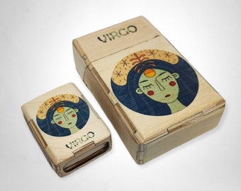 Virgo cigarette case, personalized gifts for mom, wooden box with matches, zodiac gifts