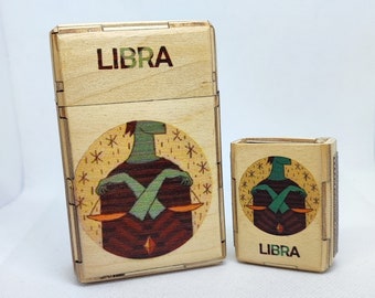 Libra Zigarettenetui mit Streichholzer, Sternzeichen Waage, Zigarettenbox für selbstgestopfte Zigaretten,