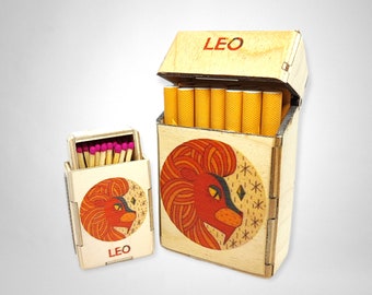 Löwe geschenk Zigarettenetui, Zigarettenbox mit Streichhölzer, Sternzeichen Löwe