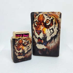 regalo para padrino, pitillera de madera con fósforos, pitillera de tigre