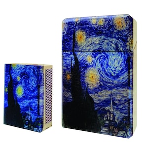 Estuche para cigarrillos con cerillas y diseño de noche estrellada, caja para cigarrillos hechos a mano, regalo de cumpleaños