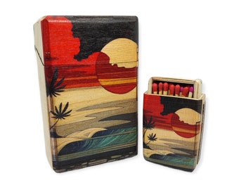 sigarettendoosje met lucifers, houten sigarettenkoker