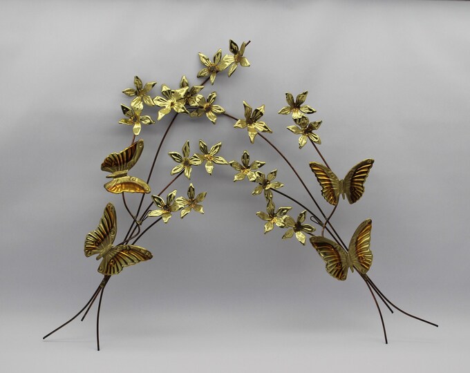 Vintage Pair of Brutalist Style Copper Brass Butterflies & Flower