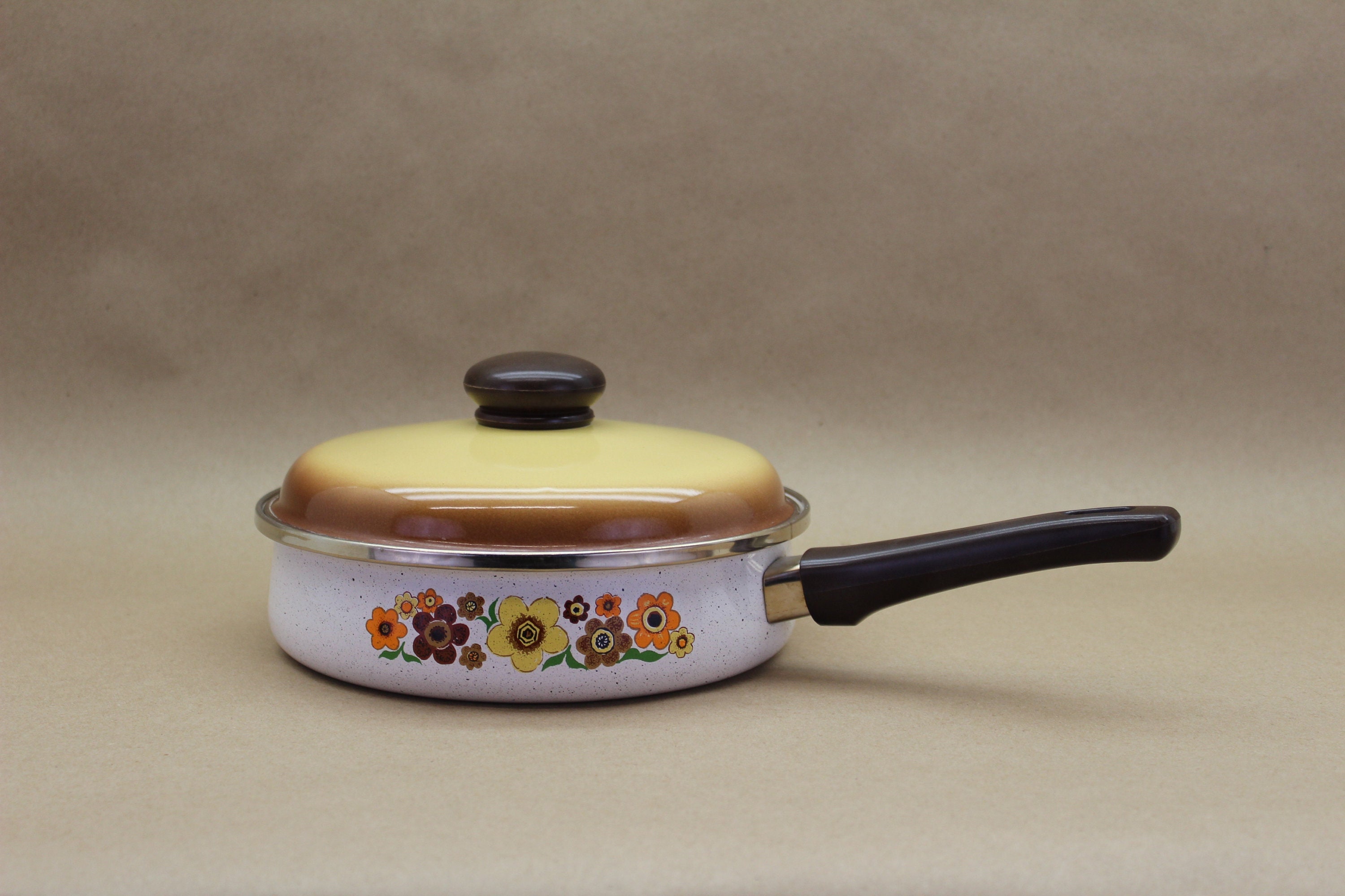 Vintage Handcrafted 8 1/2 Sauté Pan Crowning Touch Porcelain Enamel Cookware  Harvest Blossom With Lid. Made in Spain. 