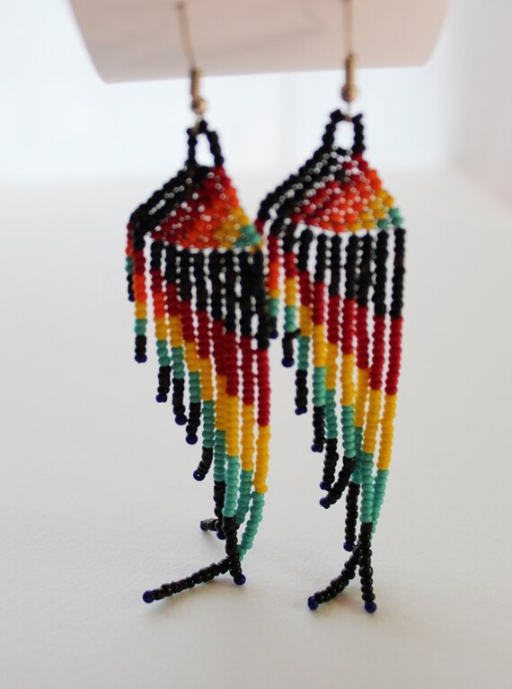Deep Ocean Gold Seahorse Beaded Earrings Glass Seed Beads Starfish Shape End Bead Fringe Dangle Marine Earrings Made in USA