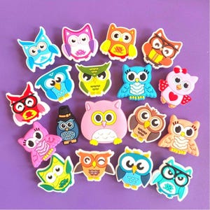 May include: A collection of colorful owl-shaped embellishments in various designs. The owls feature different colors, including blue, pink, orange, and green, with details like glasses, hats, and hearts. These decorative pieces are likely for crafts or embellishments.