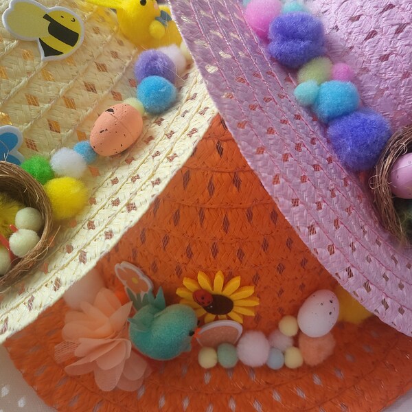 Childs Easter Bonnet Pink, Blue, Yellow, Orange. Hand decorated. Age 4-7 years. Easter bonnet hat