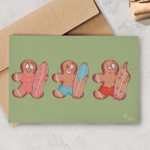 Tarjeta de felicitación navideña de surfista, tarjeta navideña de surf, tarjeta de tabla de surf, tarjeta de regalo de Navidad, tarjeta de felicitación navideña, regalo de surf, surf de Navidad
