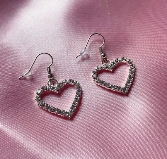 Handmade Silver Plated Diamanté Heart Charm Earrings - Etsy UK