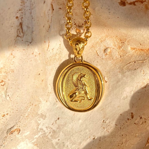 Gold Lion Wax Seal Necklace, Ancient Roman outlets Griffin Pendant, Mens Winged Leo Gryphon Medallion, Egyptian And Greek Mythology Jewelry For Her