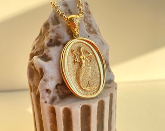 Collar con sello de lacre de sirena dorado: colgante del zodiaco Piscis
