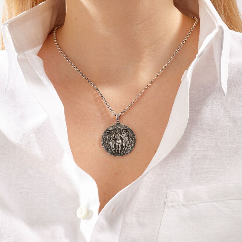 Silver Greek Coin Pendant: Three Graces Goddess Mythology Necklace image 4