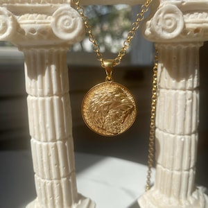 Gold Hercules Nemean Lion Pendant Necklace, Greek Mythology Jewelry