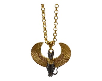 Ancient Egyptian Cat Necklace, Two Tone Gold Filled Egyptian Mythology Pendant