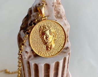 Ancient Roman Caesar Coin Jewelry, Julious Caesar Roman Emperor Necklace, Antique Veni Vidi Vici Pendant, Unisex Gold Jewelry, Unique Gift