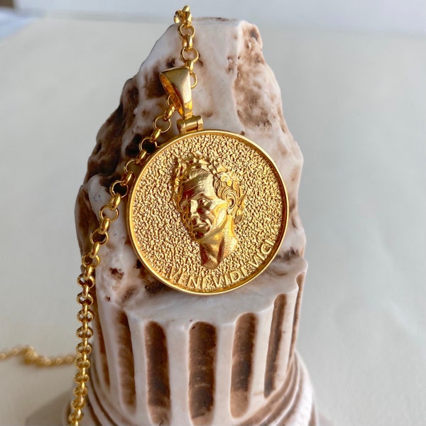 Ancient Roman Caesar Coin Jewelry, Julious Caesar Roman Emperor Necklace, Antique Veni Vidi Vici Pendant, Unisex Gold Jewelry, Unique Gift