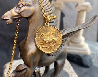 Pegasus Coin Necklace, Greek Goddess Athena Necklace, Double Sided Coin Pendant, Unisex Pendant Gift, Greek Jewelry Store