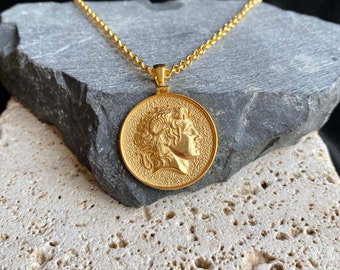 Gold Greek Necklace, Alexander The Great Solid Gold Pendant, Gold Filled Goddess Coin, Pendant Gift For Boyfriend, Greek Symbols Shop