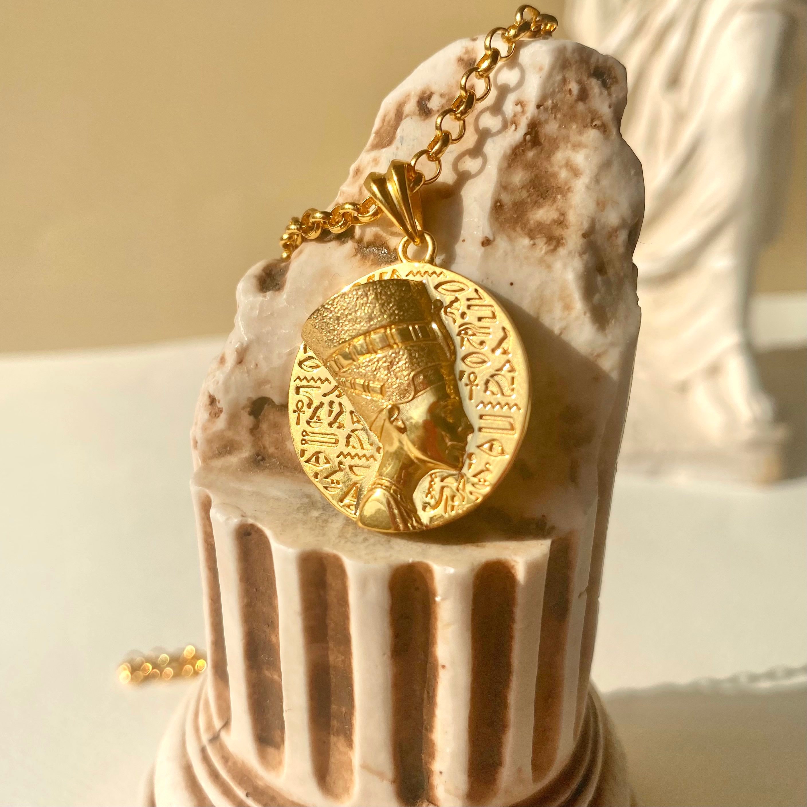 Gold Nefertiti Egyptian Necklace, 14k Goddess Pendant, 18k