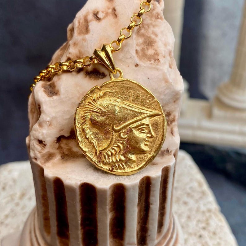 Ancient Greek Athena coin pendant necklace in gold, handcrafted double sided mythology jewelry